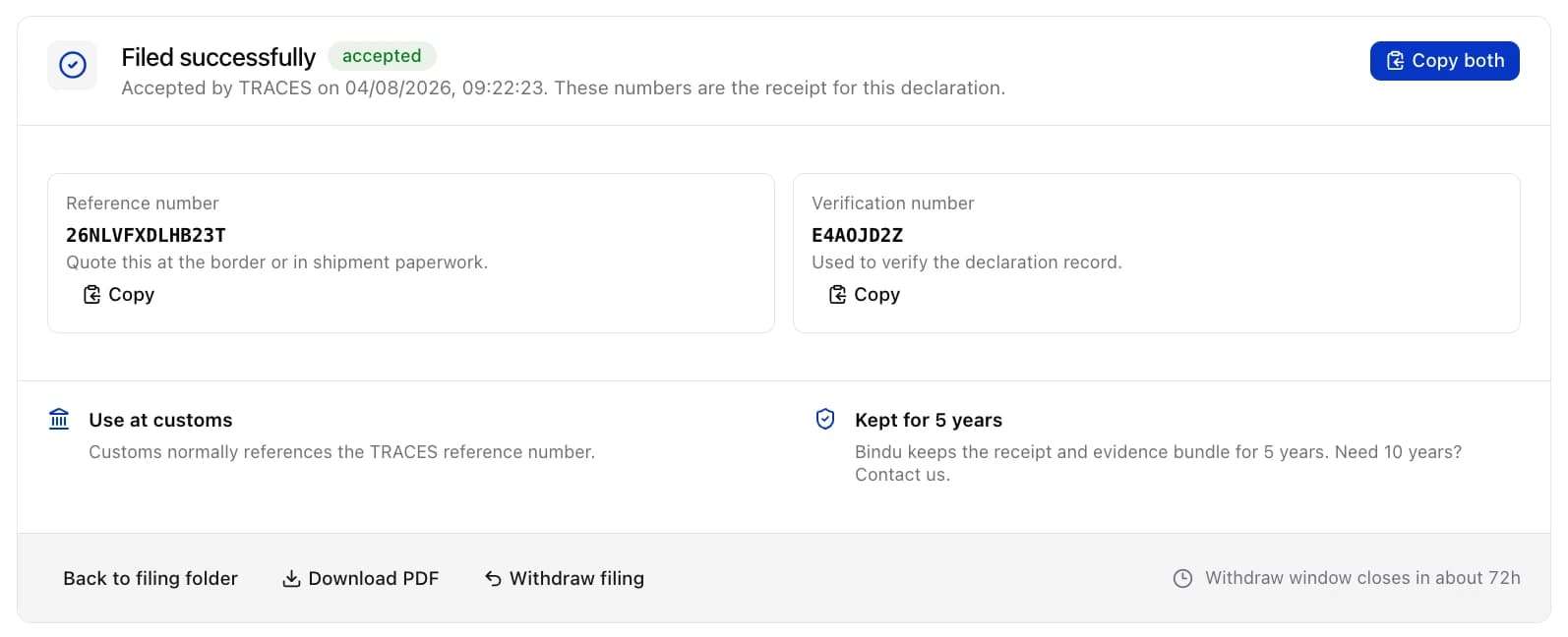Recibo de TRACES en Bindu: la declaración de diligencia debida aceptada, con el número de referencia DDS para la aduana y el número de verificación para el expediente.