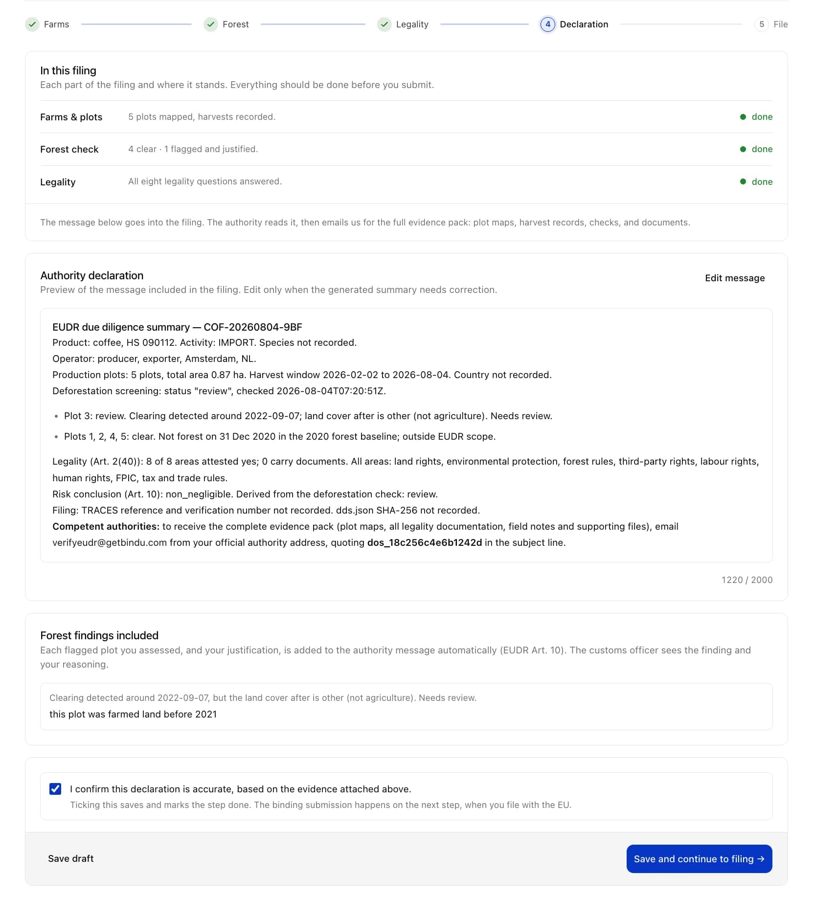Pantalla de declaración en Bindu: el resumen de diligencia debida EUDR generado, con producto, parcelas, resultados de las comprobaciones y atestaciones de legalidad.